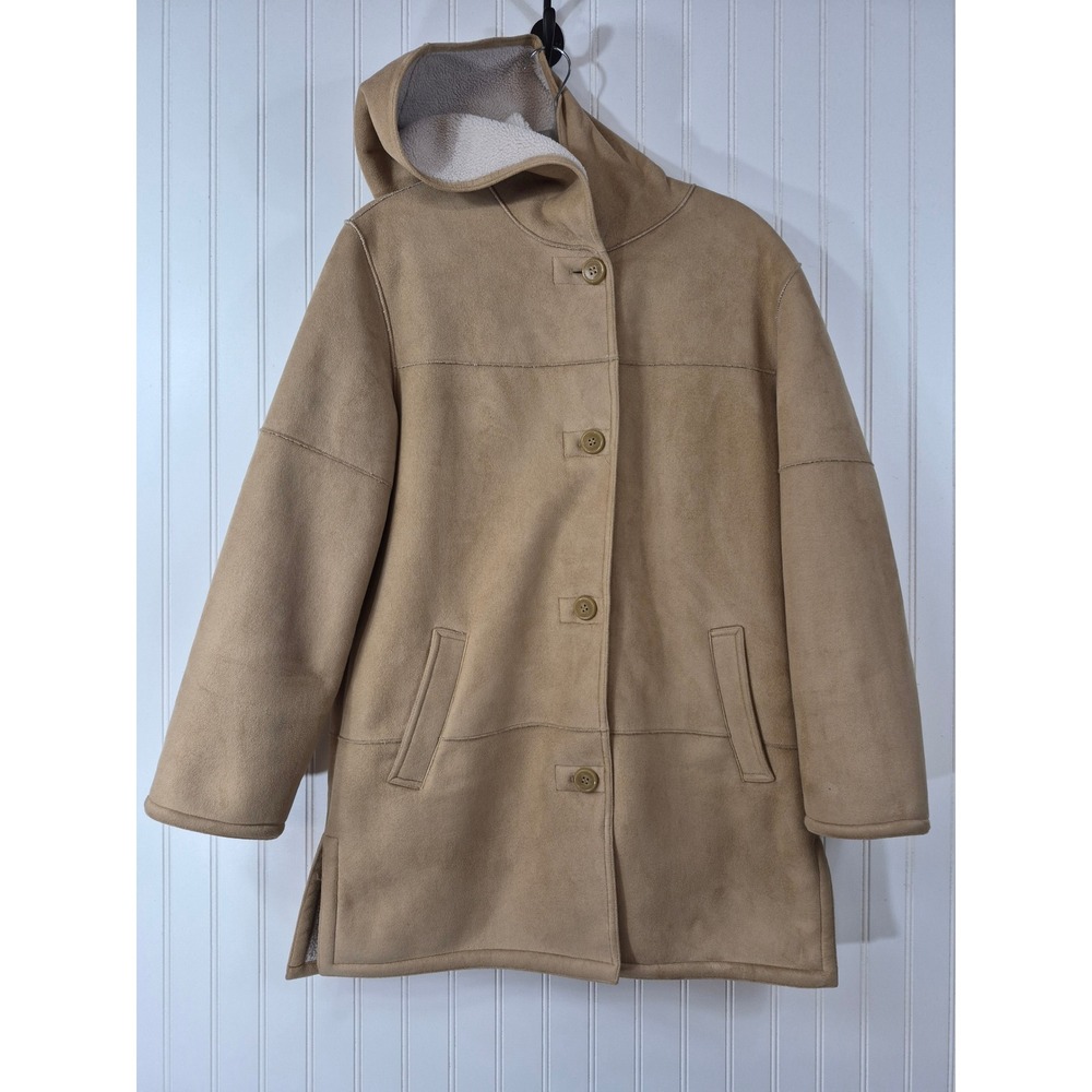 Liz Claiborne Tan Camel Faux Suede Sherpa Lined Hooded Car Coat Jacket Womens M